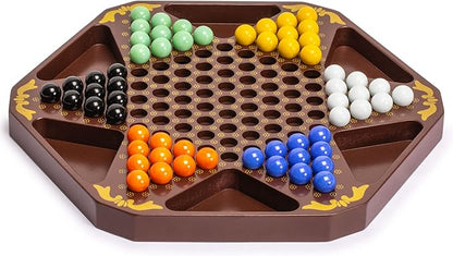 Yellow Mountain Imports Classic Chinese Checkers Halma Board Game Set with Storage 12.6-inch Wooden Board and Solid Color 16-Millimeter Glass Marbles