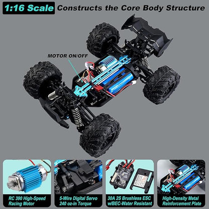 1:16 Scale RC Car for Adults 25+ MPH High Speed 4WD Waterproof Off-Road All-Terrain RC Truck with 2 Batteries &amp 2.4GHz Controller (1:16 Scale Carbon Brush)