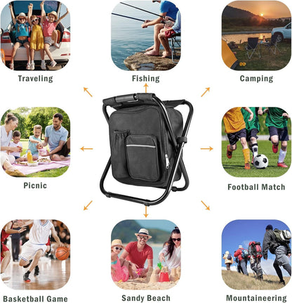 Kikerike Backpack Stool Cooler Chair Heavy Duty 400 LBS Max Load Portable Lightweight Folding Fishing Cooler for Camping Hunting Fishing - Black