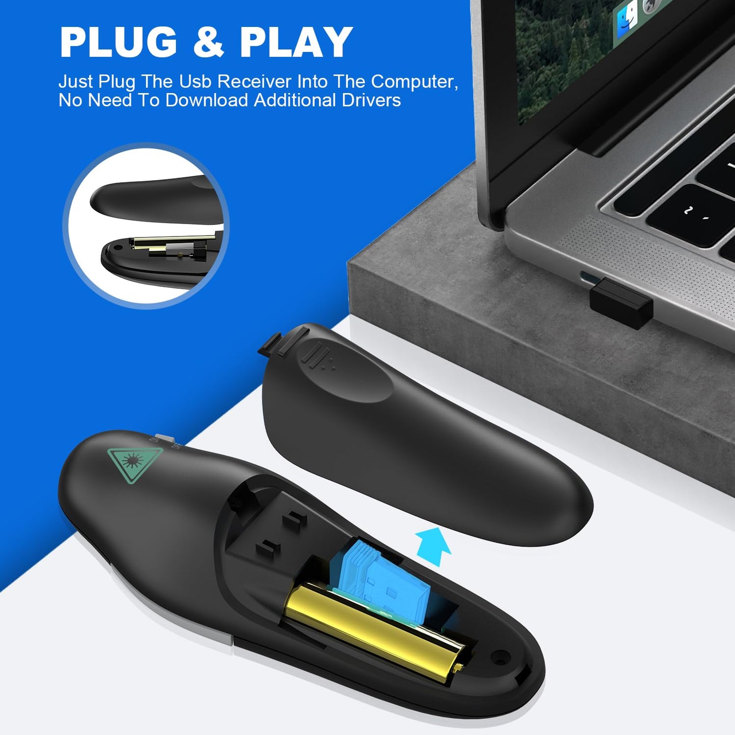 QUI Presentation Clicker Wireless Presenter Remote Clicker for PowerPoint Presentations, Wireless USB Presenter Slide Advancer for Mac, Keynote, Computer, Laptop