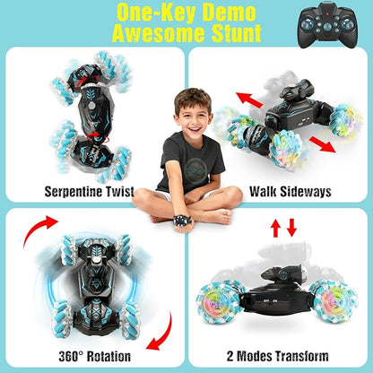 Gesture Sensing Remote Control Car RC Cars Toys for Boys Age 6-12 4WD Hand Controlled Twist &amp Transform 360° Spins Stunt Car with Mist Light &amp Music 8-10 Year Old Boys Birthday Gift Blue