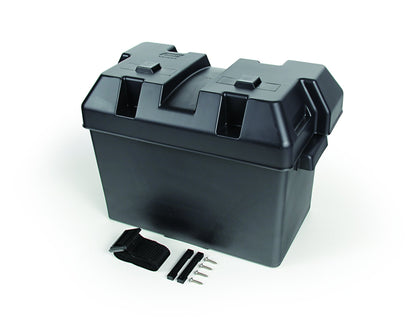 Camco Large Battery Box with Straps and Hardware - Group 27, 30, 31 |Safely Stores RV, Automotive, and Marine Batteries | Measures Inside 7-1/4" x 13-1/4" x 8-5/8" | (55373), Black