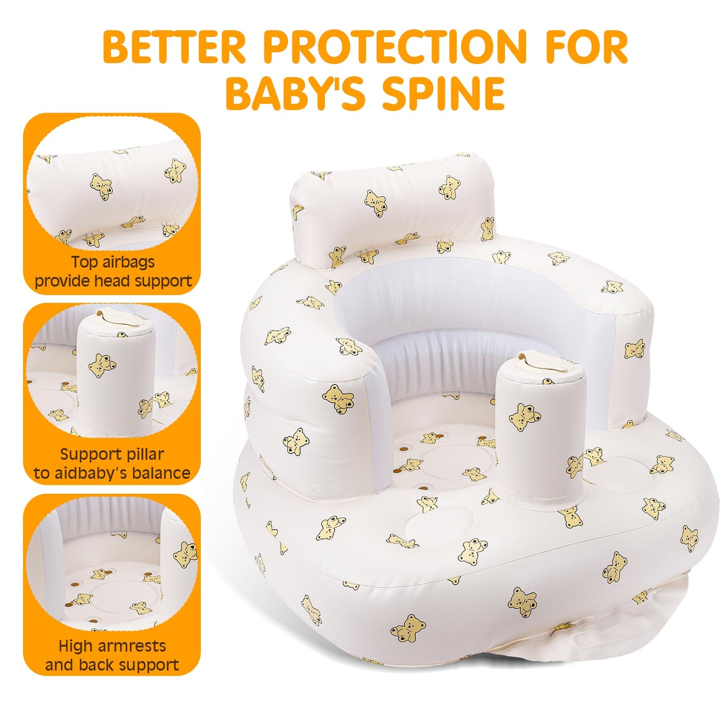 Momsnug Blow Up Seat for Baby, Inflatable Baby Chair 3 Months & Up, Chair for Babies Sitting Up with Built in Pump (Bear)
