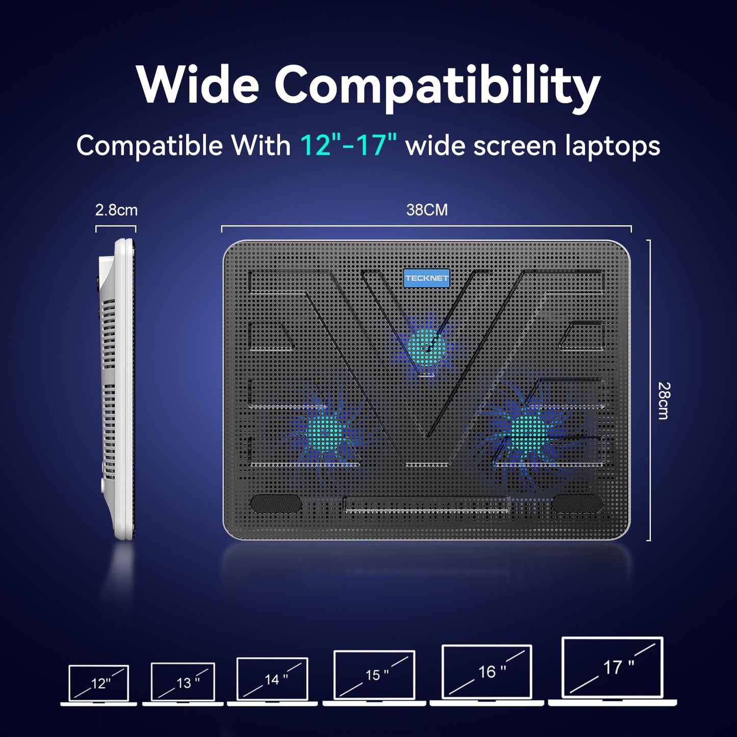 TECKNET Laptop Cooling Pad, Portable Slim Quiet USB Powered Laptop Notebook Cooler Cooling Pad Stand Chill Mat with 3 Blue LED Fans, Fits 12-17 Inches (White)