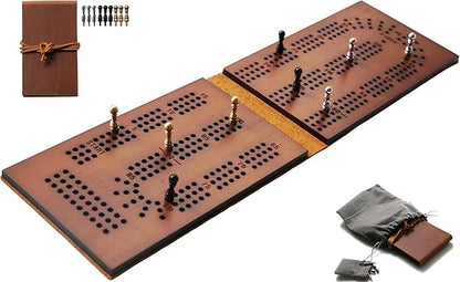 Jeereal Travel Cribbage Board Game Leather &amp Solid Bambo-Wood Pocket Sized Tiny Card Game Board (Bamboo|3 Tracks)