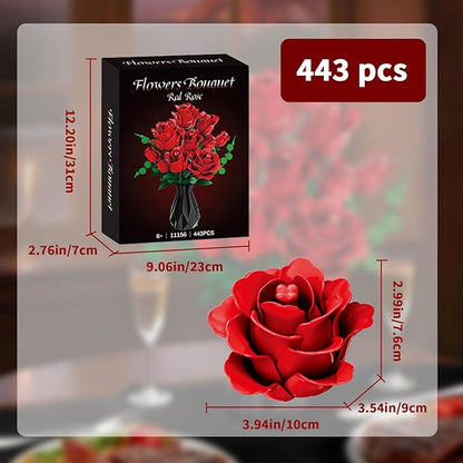 Red Rose Flower Bouquet Building Set Botanical Collection Kit Artificial Fake Flowers Blocks Home Table Decor Aesthetic for Valentine's Day Birthday DIY Craft Floral Gift Without Vase