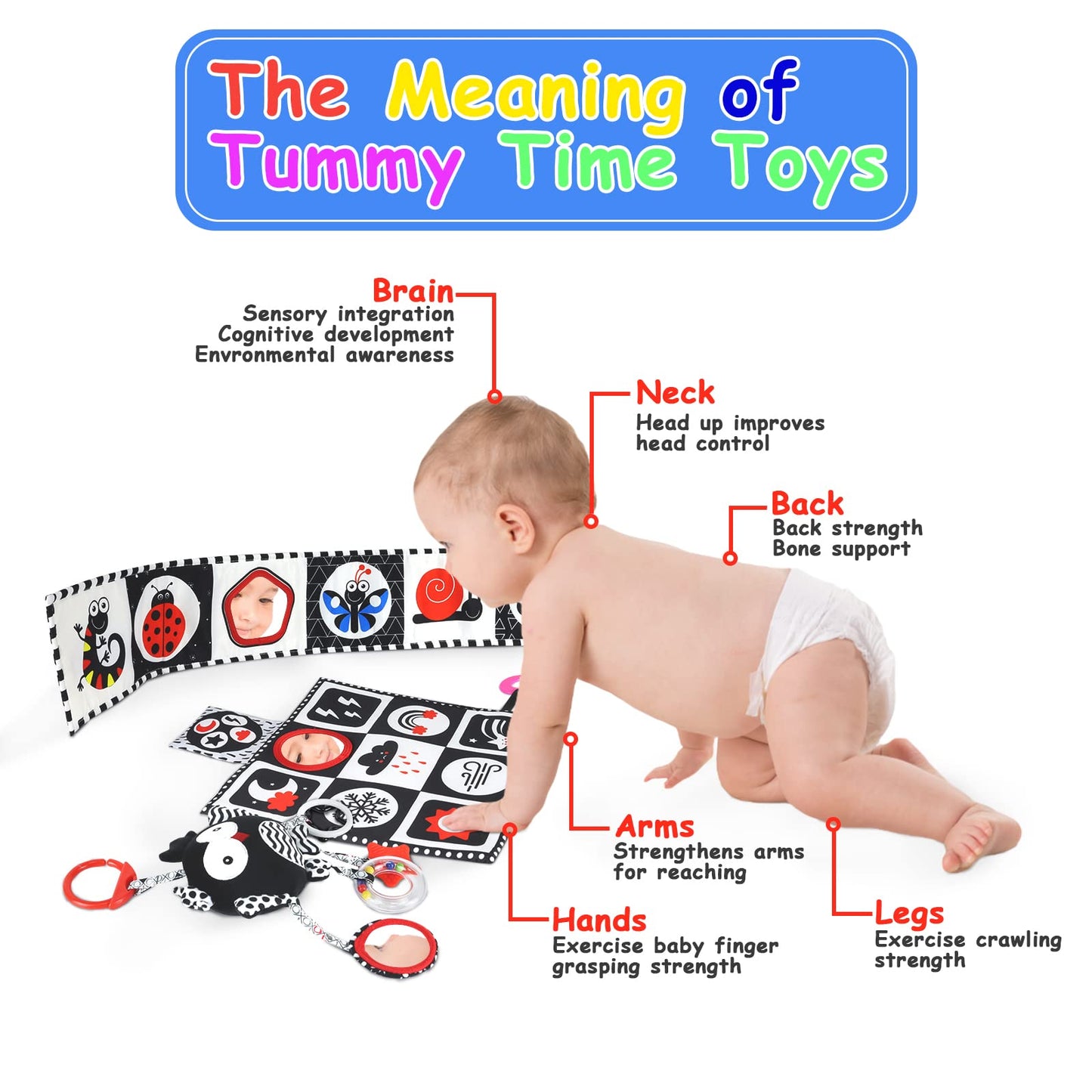 KUANGO Black and White High Contrast Baby Toys 0-6 Months with Mirror, Crinkle and Rattles, Soft Baby Toys for Brain Development Montessori Sensory Tummy Time Newborn Infant for 0 3 6 9 Months Old