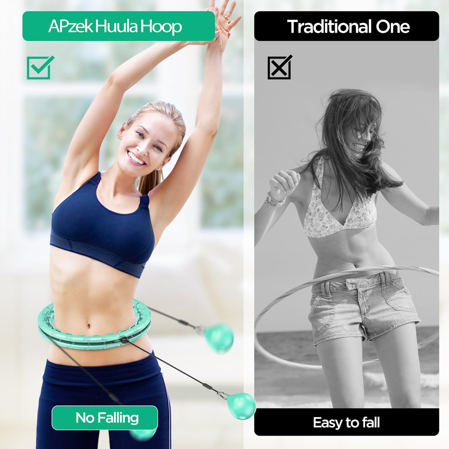APzek 32 Knots Weighted Exercise Hoop Detachable & Adjustable for All People, No Falling Plus Size Smart Huula Hoop, 2 in 1 Abdomen Fitness Massage with Spinning Ball - Green
