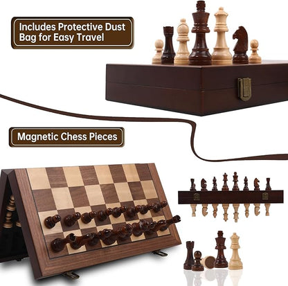 15 Magnetic Chess Set with Foldable Board &amp Travel Bag - Professional Wooden Chess Game Luxury Storage Bag - Perfect Christmas/Birthday for Men Dad (Chess Set + Bag)