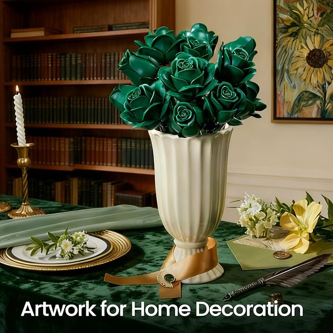 iATOM Green Rose Bouquet Building Set 12Pcs Fake Flowers Botanical Collection for Adult Valentine's Day Gift and Saint Patricks Day Decorations for Her/Girlfriend/Mom/Wife/Couple