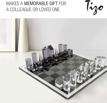 Tizo Design Elegant 17” Lucite Chess Set Designer Lucite &amp Acrylic Pieces Modern &amp Trendy Multiple Options Available (Clear &amp Smoke)