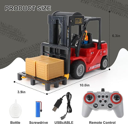 RC Forklift with Trailer Kids Forklift Construction Toys Set with Lift Fork &amp Hook &amp Flatbed 11 Channel Kids Forklift Toy with Light &amp Sound &amp Spray Gift for Kids 6+ (Red)