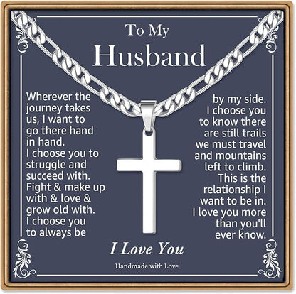 IEFLIFE Easter Basket Stuffers - Cross Necklace Easter Gifts for Men Boys Silver Figaro Chain Cross Necklace Jewelry Christian Baptism Gifts for Boys Birthday Gift for Dad Husband Son Grandson