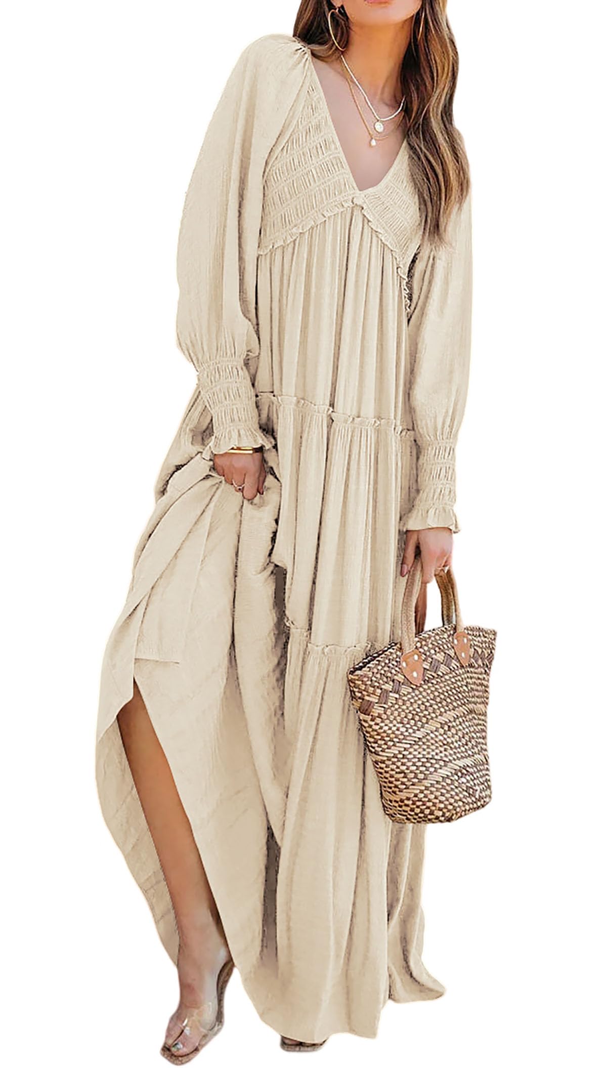 R.Vivimos Maxi Dress for Women Long Sleeve V Neck Empire Waist Layered Ruffle Boho Casual Flowy Long Dresses