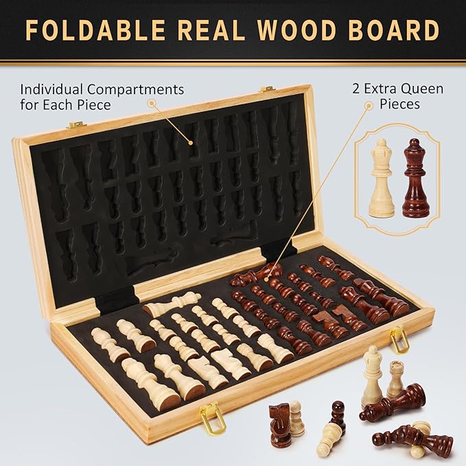 Magnetic Wooden Chess Set for Adults Kids 15 Folding Chess Boards with 2 Extra Queens Portable Travel Chess Sets with Pieces Storage Slots Beginner Chess Game Set for Kids Adults