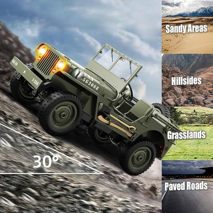 RC Military Truck Rock Crawler 1:10 4WD Off-Road Remote Control Military Jeep with Winch Canvas &amp 2 Batteries 2.4G All Terrain Army Climbing Vehicle with LED Lights for Kids Adult