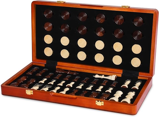 15'' 2 in 1 Wooden Magnetic chess and checkers set (2 Extra Queens Foldable Chess set &amp Cotton Storage Bag) Magnetic Chess Sets for Adults with Color Gift Box Handmade Checkers Board Game