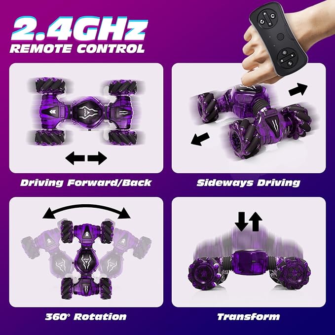 Tecnock Remote Control Car for Boys Girls 2.4GHz 4WD Gesture Sensing RC Stunt Car Toys - 360° Rotating Double Sided Hand Controlled RC Cars with LED Lights Gifts for Kids Ages 6-8 8-12