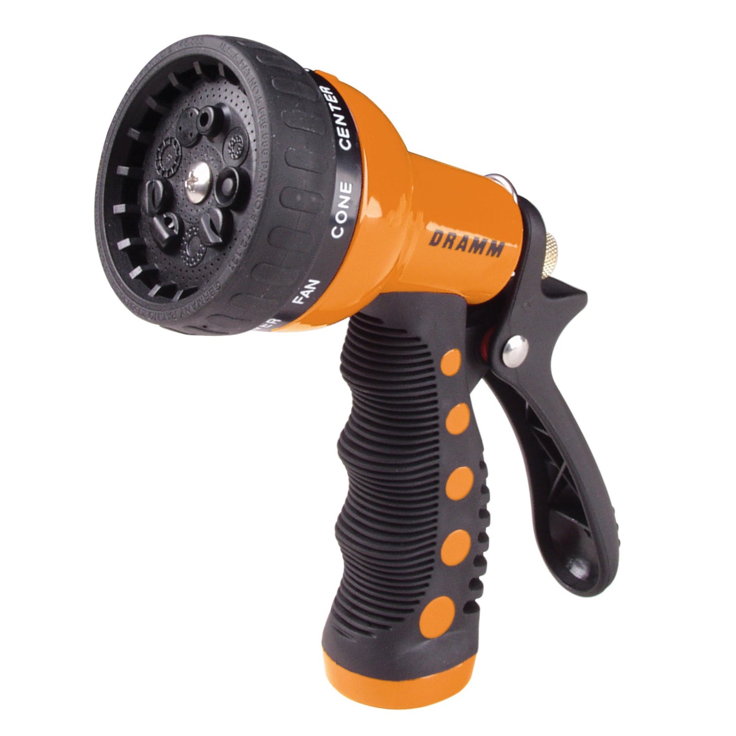 Dramm Revolver Heavy Duty 9 Pattern Quick Click Adjustable Garden Hose Spray Nozzle with Trigger Style Handle, for your Car, Boat, Deck, Sidewalk, Flowers and Young Trees, Orange