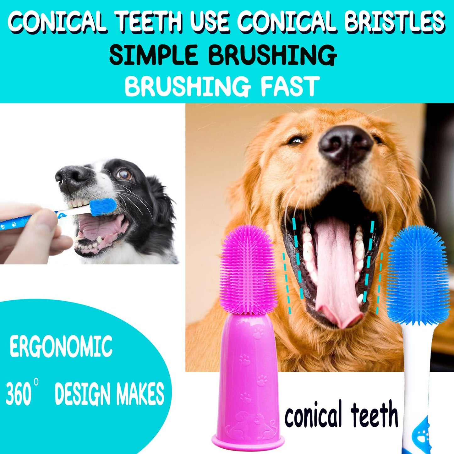 PenVinoo 360 ° Dog Toothbrush Pet Toothbrush 360 ° Finger Toothbrush Medium and Large Dogs