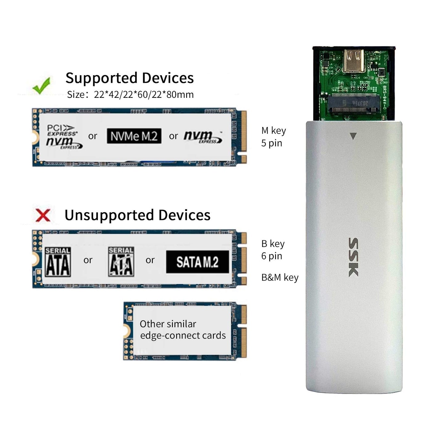 SSK M.2 NVMe Enclosure, Tool-Free SSD Enclosure Adapter, USB C 3.2 Gen 2 10Gbps PCIe MKey External Solid State Drive Case, Support UASP Trim for 2230/2242/2260/2280 (SATA NOT Supported)