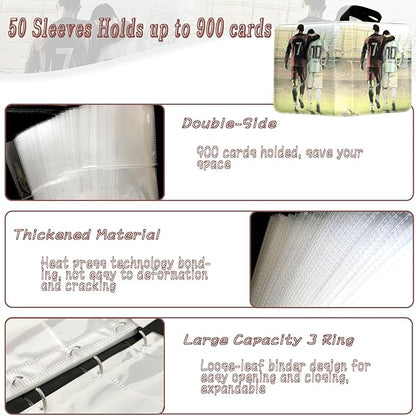 Soccer Card Binder - 900 Capacity 9-Pocket Trading Card Album 3 Ring Card Holder Binder Waterproof PU Leather Zip Closure Perfect Christmas Birthday Gift for Kids &amp Collectors