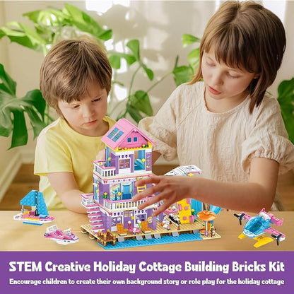 955 Pcs Friends Seaside Villa Building Set Beach House Building Block Toys STEM Creative Vacation Hut Brick Kit with HelicopterSailboatYachtBirthday Gifts for Kids Girls Boys Age 6-12+