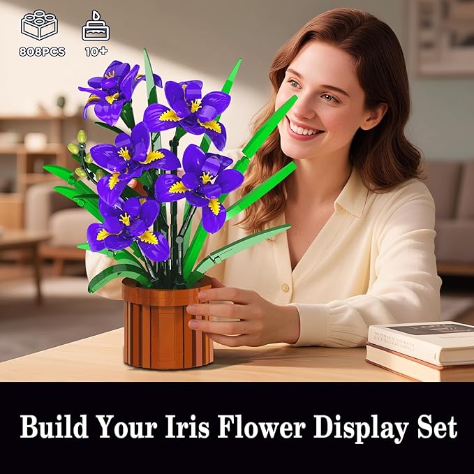Flowers Botanicals Iris Building Set - Easter Artificial Purple Bonsai Plant for Home Office Décor 808PCS Flower Building Kit Indoor Decoration Floar Gift for Adults Wife Girlfriend Mom