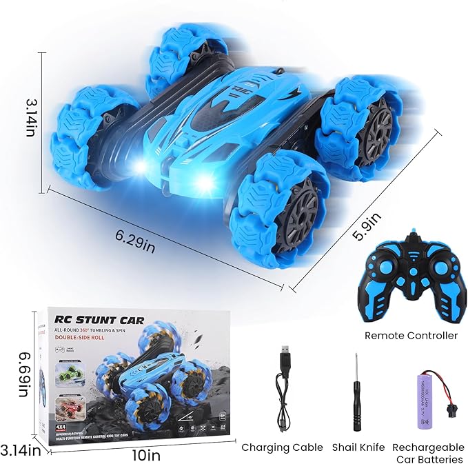 RC Stunt Car 360° Flips &amp Double-Sided Remote Control Truck with LED Lights 2.4GHz High Speed All Terrain Off-Road Toy Car Gift for Boys Girls Kids Ages 6-12 (Blue)