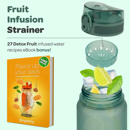 Hydracy Water Bottle with Time Marker - Large 32 oz BPA Free Gym Bottle & No Sweat Sleeve -Leak Proof Lid with Fruit Infuser Strainer & Times to Drink - Ideal for Fitness Sports & Outdoors