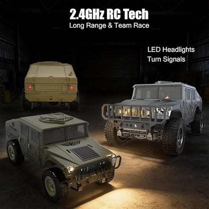 2.4GHz All Terrain RC Military Truck 4WD Remote Control Car Off Road Waterproof with Headlights Turn Signal Lights and Rechargeable Batteries Vehicle Toy Gifts for Adults Kids Age 8+ (Green)