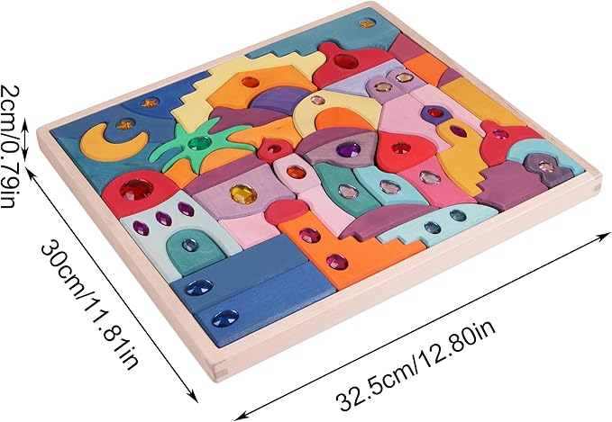 52PCS Wooden Acrylic Gem Blocks Translucent Cubes Stacking Toys Natural Wood Creative Game Blocks Educational Toys for Children (Moon Beach Gemstone Blocks)