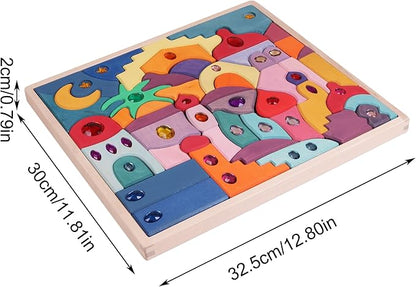 52PCS Wooden Acrylic Gem Blocks Translucent Cubes Stacking Toys Natural Wood Creative Game Blocks Educational Toys for Children (Moon Beach Gemstone Blocks)