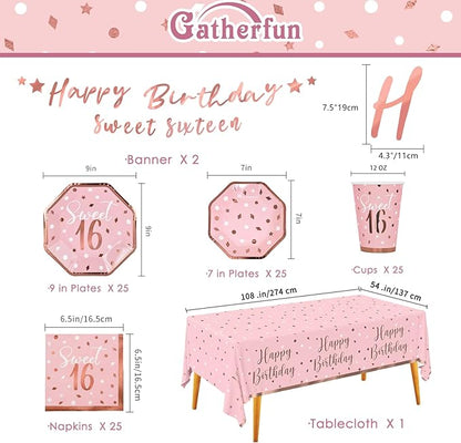 Rose Gold &amp Pink Sweet 16 Birthday Bundle: Party Supplies Set with paper Plates Napkins Cups Tablecloth &amp Banner - Sweet Sixteen Decorations Party Favors Serves 25