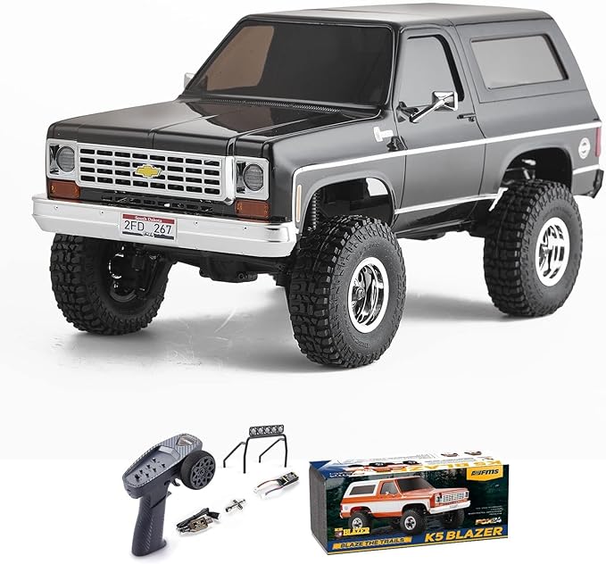 FCX24 FMS 1/24 K5 Chevy Blazer RC Crawler Officially Licensed Mini RC Car Pick Up Truck &amp SUV 2 in 1 4WD 8km/h 2 Speeds Switch Off-Road RC Model with LED Lights for Adults (Black)