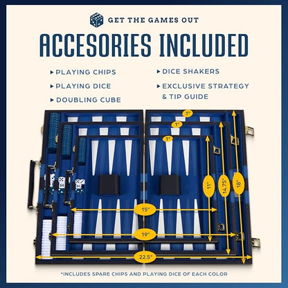 Get The Games Out Top Backgammon Set - Classic Board Game Case - Best Strategy &amp Tip Guide - Available in Small Medium and Large Sizes (Blue Large)