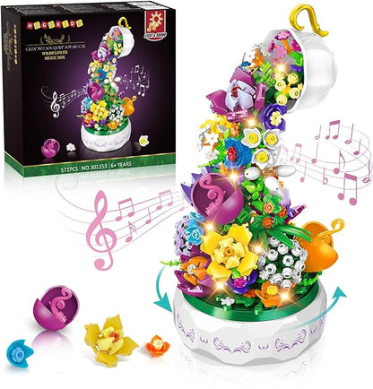 HOGOKIDS Flowers Music Box Building Block Kit with Light- 571PCS Valentines Day Gifts Decoration Rotating Music Box Blocks Set | Botanical Collection Birthday Gift Girls Boys Adults Kids Ages 6+