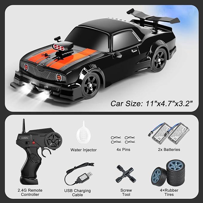 Fistone RC Drift Car 2.4GHz 1:16 Scale 4WD 18KM/H High Speed Remote Control Car with LED Lights 2 Batteries and Rubber Tire Racing Sport Toy Vehicle for Adults Boys Girls and Kids