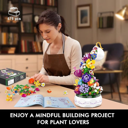 HOGOKIDS Flowers Music Box Building Block Kit with Light- 571PCS Valentines Day Gifts Decoration Rotating Music Box Blocks Set | Botanical Collection Birthday Gift Girls Boys Adults Kids Ages 6+