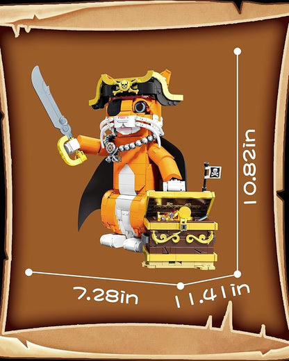 Pirate Captain Cat Building Set for Adults Compatible with Lego Set 1424PCS Orange Cat with Treasure Chest &amp Pirate Hat Adventure Collection Gifts for Animal Lovers