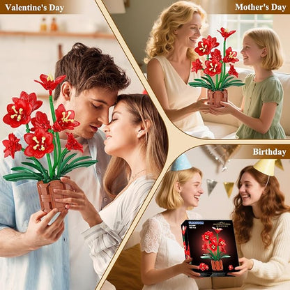 Amaryllis Flowers Bonsai Building Set Easter Botanical Collection Building Block Artificial Plant Kit Home Decor 503 PCS Flower Bouquet Bonsai for Her Adults Kids Boys Girls 12+