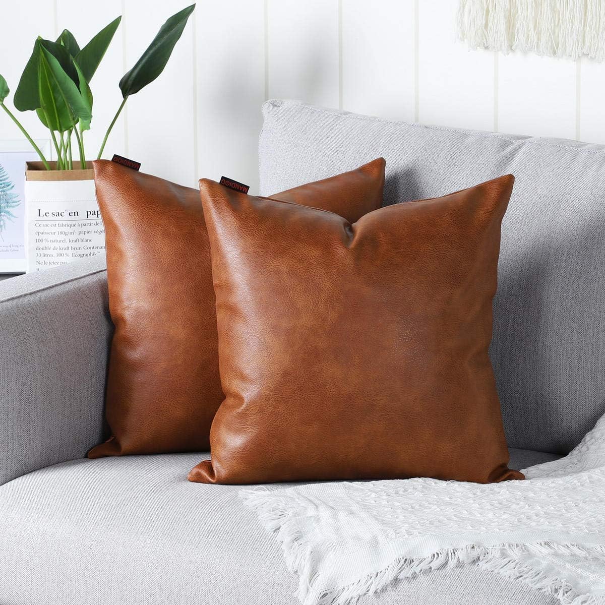 MANDIOO Set of 2 Faux Leather Decorative Throw Pillow Covers Modern Solid Outdoor Cushion Cases Luxury Pillowcases for Couch Sofa Bed 22x22 Inches Brown
