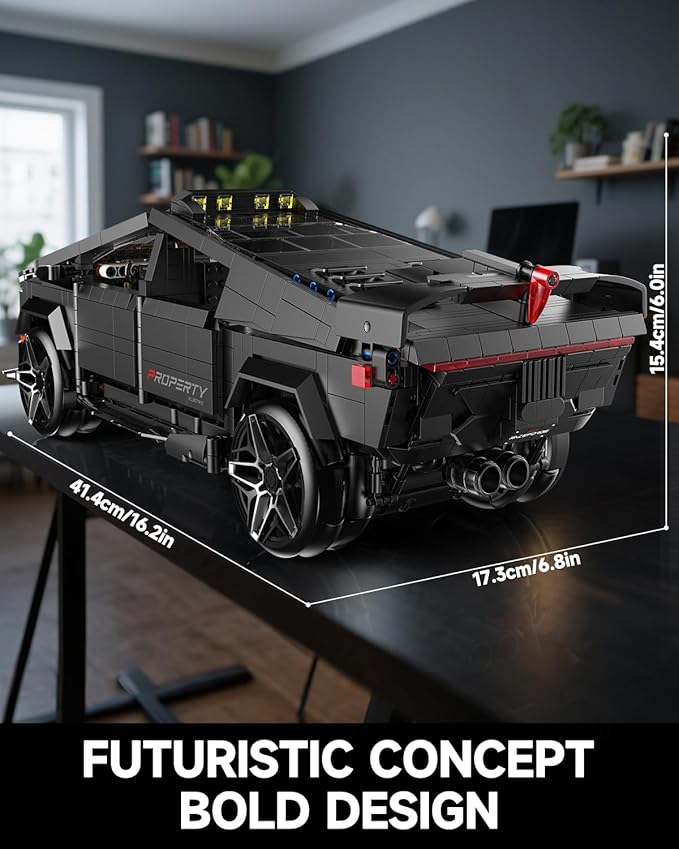Remote Control Building Kit Futuristic Cyber Truck Model Black Electric RC Vehicle with Omniwheel Drift 1572 Pieces Construction Set for Adults 14+
