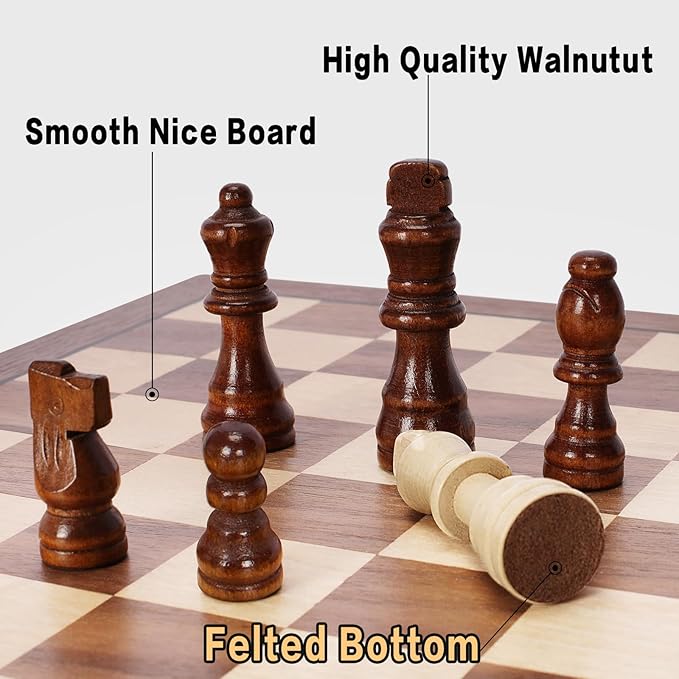 Magnetic Wooden Chess Set for Adults Kids 15 Folding Chess Boards with 2 Extra Queens Portable Travel Chess Sets with Pieces Storage Slots Beginner Chess Game Set for Kids Adults