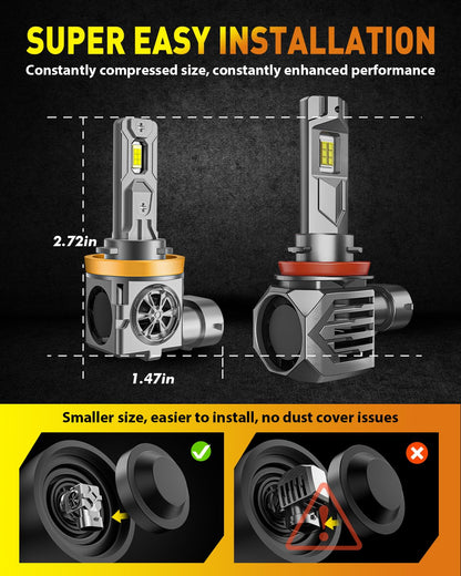 Termitor Latest H11/H9 Bulbs, 40,000LM 900% Ultra-Brightness, Real 1:1 Halogen Mini Size, 10-Year Extended Lifespan, 6500K White Illumination for Automotive H11 Fog Lights, Plug and Play, Pack of 2