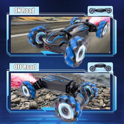 4WD Remote Control Gesture Sensor Car Double-Sided Rotating 360° Flips Drift with Lights Music RC Stunt Twist Car Birthday Presents for 6-12 Kids (Blue)