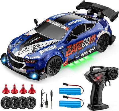 1:24 Scale RC Drift Car 4WD 2.4GHz High Speed Racing Sport Toy Car with LED Lights Racing and Drift Wheels (E81-Blue)