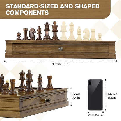 Peradix Magnetic Chess Checkers Board Sets with 2 Built-in Storage Drawers15 Classic 2 in 1 Wooden Games with 2 Extra Queens for Kids and AdultsTravel Portable Chess Game Set