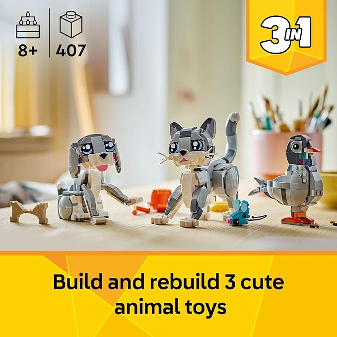 LEGO Creator 3 in 1 Playful Cat Toy - Building Toy with 3 Building Options Cat Dog or Pigeon - Birthday Gift for Kids - Animal Figures for Kids Girls and Boys Ages 8+ - 31163
