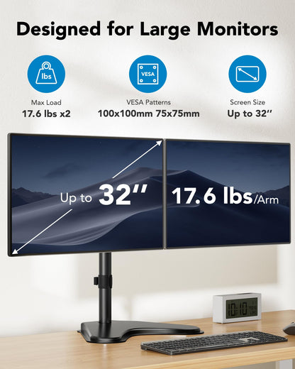 HUANUO 32 inches Dual Monitor Stand up to 17.6lbs per Arm, High-Grade Aluminum Free-Standing Dual Monitors Mount for 2 Screens. Fully Adjustable Dual Monitor Stand for Desk with Tilt, Swivel, Rotation